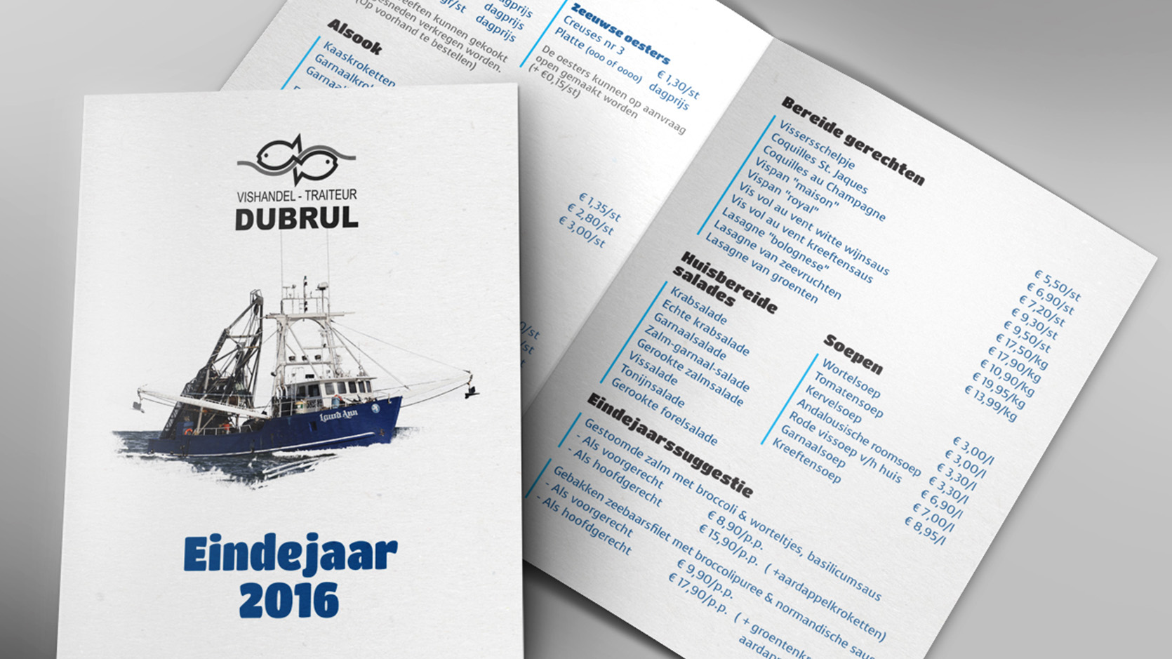 Aan de hand van een eindejaarsfolder krijg je bij Dubrul uit Rollegem een overzicht van de verschillende traiteur mogelijkheden. Grafisch ontwerper Publi4U stond in voor de opmaak van deze eindejaarsfolder. Aan de hand van een eindejaarsfolder krijg je bij Dubrul uit Rollegem een overzicht van de verschillende traiteur mogelijkheden. Grafisch ontwerper Publi4U stond in voor de opmaak van deze eindejaarsfolder.